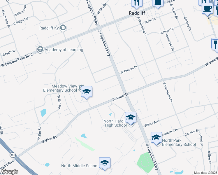 map of restaurants, bars, coffee shops, grocery stores, and more near 1101 Robin Rd in Radcliff