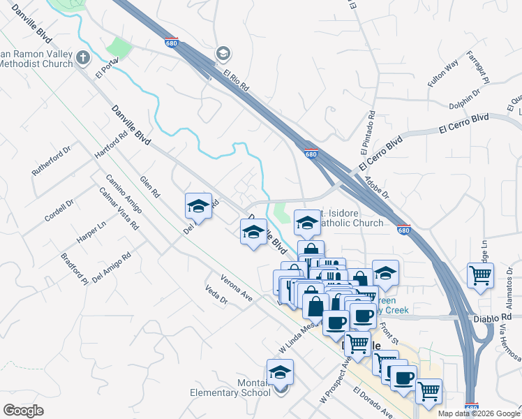 map of restaurants, bars, coffee shops, grocery stores, and more near 721 Garden Creek Place in Danville