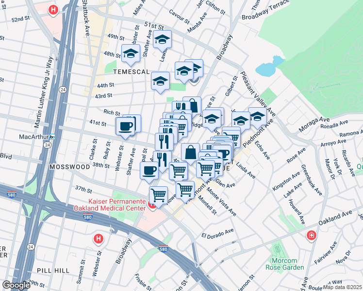 map of restaurants, bars, coffee shops, grocery stores, and more near 302 41st Street in Oakland