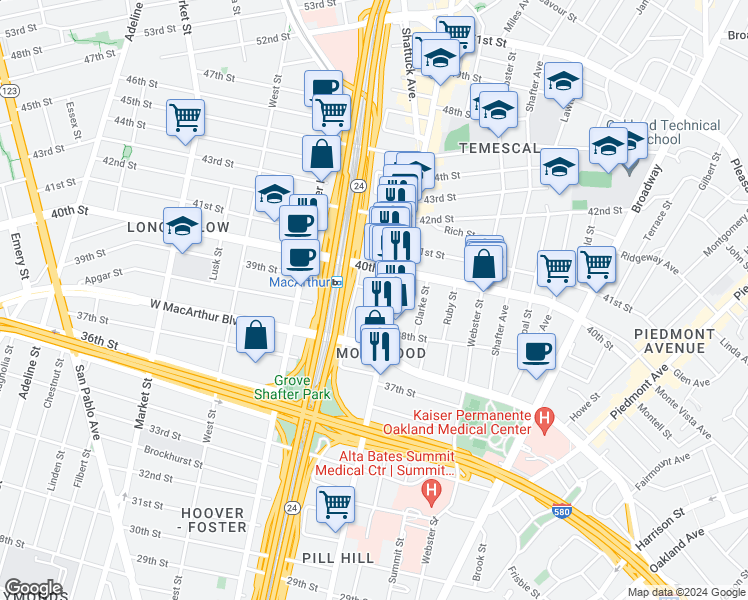 map of restaurants, bars, coffee shops, grocery stores, and more near 540 39th Street in Oakland
