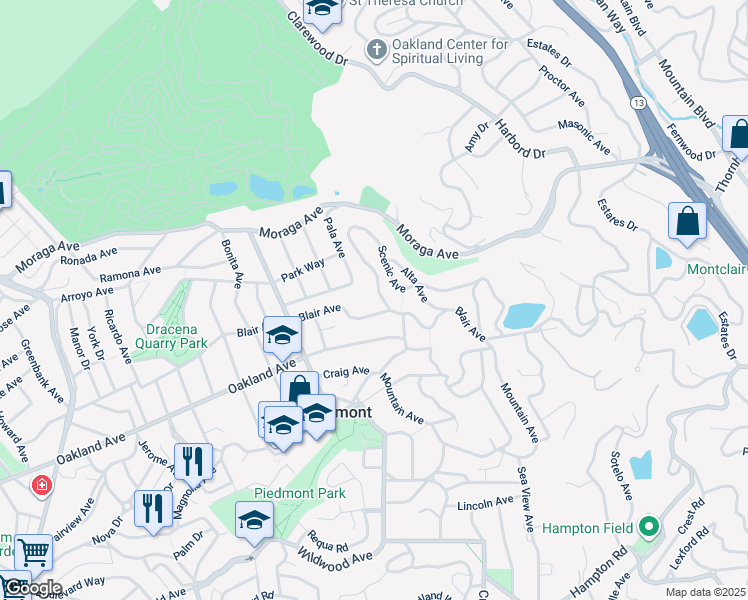 map of restaurants, bars, coffee shops, grocery stores, and more near 121 Scenic Avenue in Piedmont