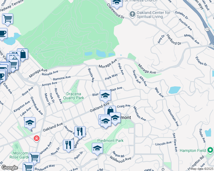 map of restaurants, bars, coffee shops, grocery stores, and more near 140 Highland Avenue in Piedmont