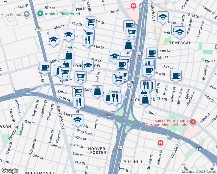 map of restaurants, bars, coffee shops, grocery stores, and more near 723 Apgar Street in Oakland