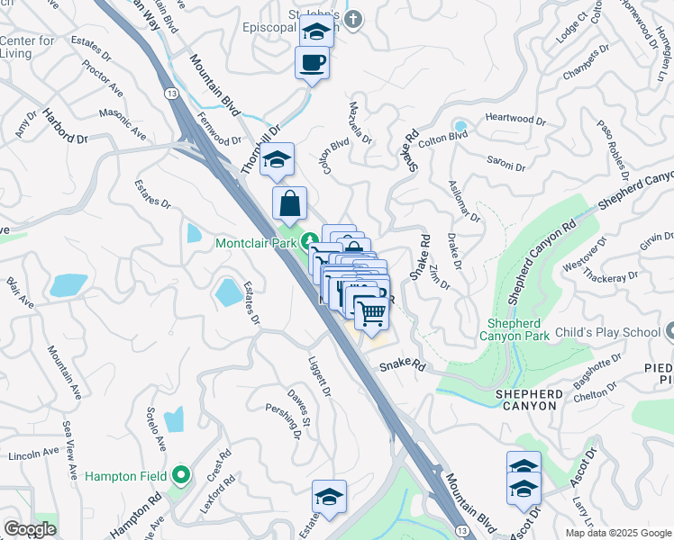 map of restaurants, bars, coffee shops, grocery stores, and more near 1955 Mountain Boulevard in Oakland