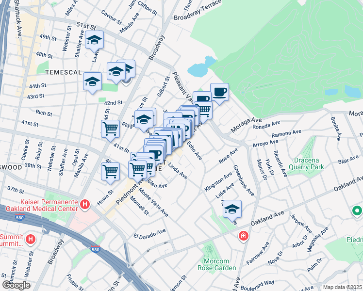 map of restaurants, bars, coffee shops, grocery stores, and more near 4243 Piedmont Avenue in Oakland