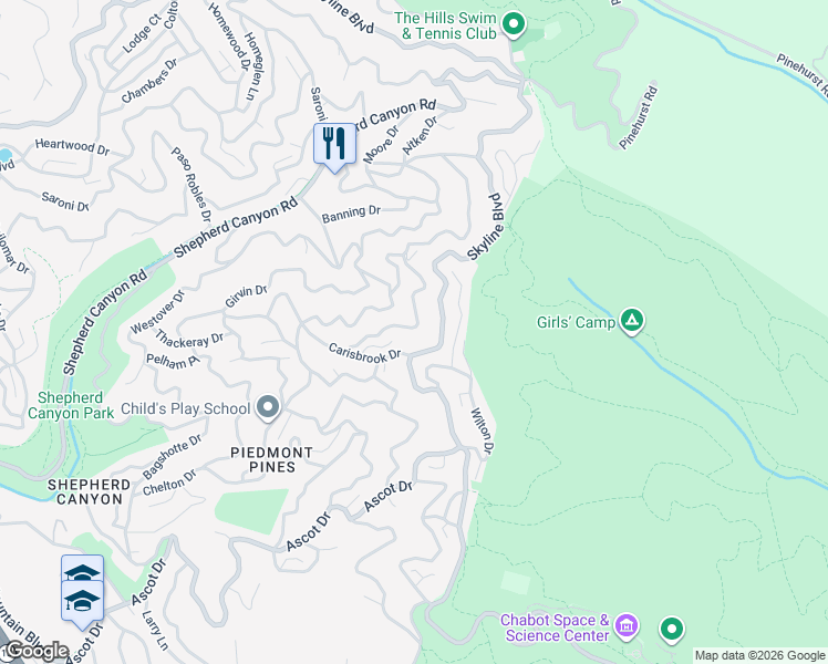 map of restaurants, bars, coffee shops, grocery stores, and more near 6636 Exeter Drive in Oakland