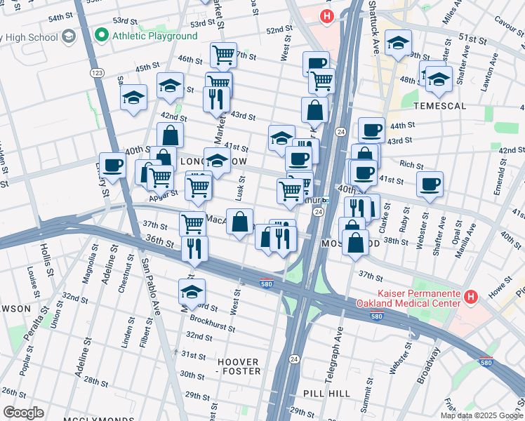 map of restaurants, bars, coffee shops, grocery stores, and more near 741 Apgar Street in Oakland