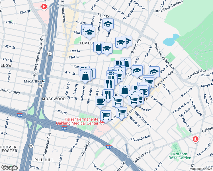 map of restaurants, bars, coffee shops, grocery stores, and more near 4040 Manila Avenue in Oakland