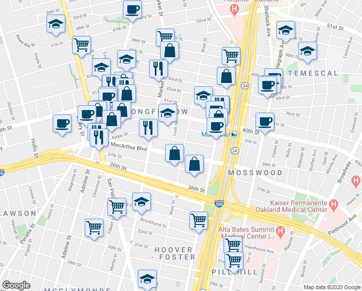 map of restaurants, bars, coffee shops, grocery stores, and more near 831 Apgar Street in Oakland