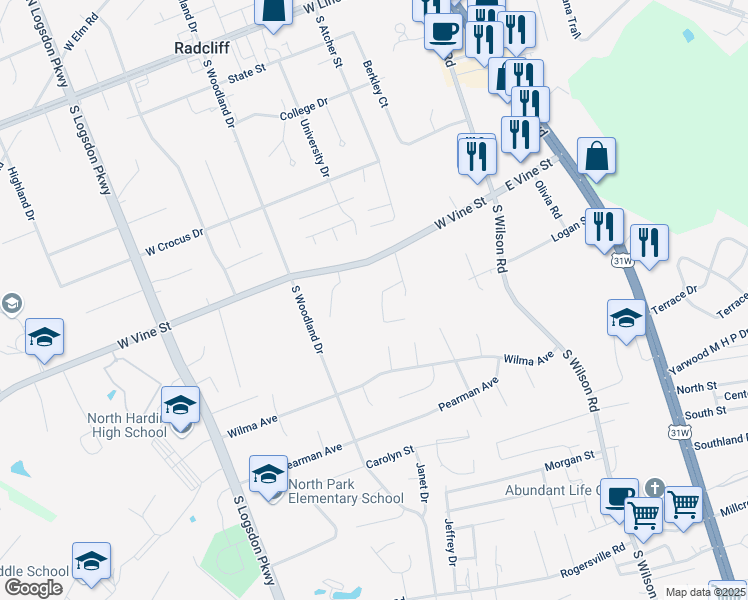 map of restaurants, bars, coffee shops, grocery stores, and more near 709 Brian Court in Radcliff