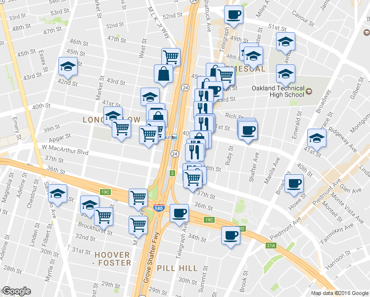 map of restaurants, bars, coffee shops, grocery stores, and more near 555 40th Street in Oakland