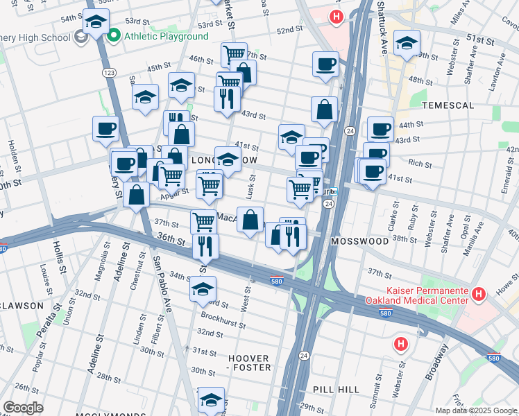 map of restaurants, bars, coffee shops, grocery stores, and more near 831 Apgar Street in Oakland
