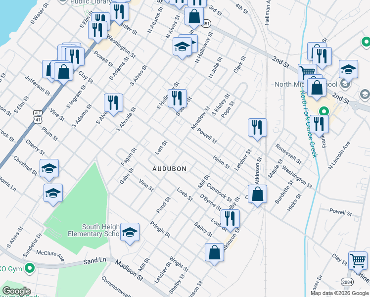 map of restaurants, bars, coffee shops, grocery stores, and more near 1105 Clay Street in Henderson