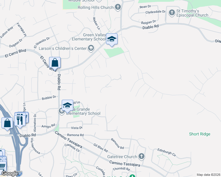 map of restaurants, bars, coffee shops, grocery stores, and more near 251 Santiago Lane in Danville