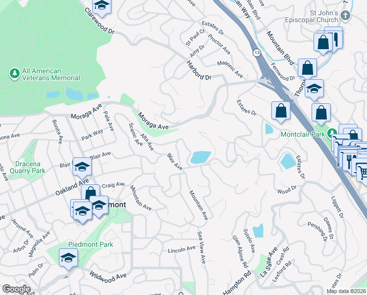 map of restaurants, bars, coffee shops, grocery stores, and more near 524 Scenic Avenue in Piedmont