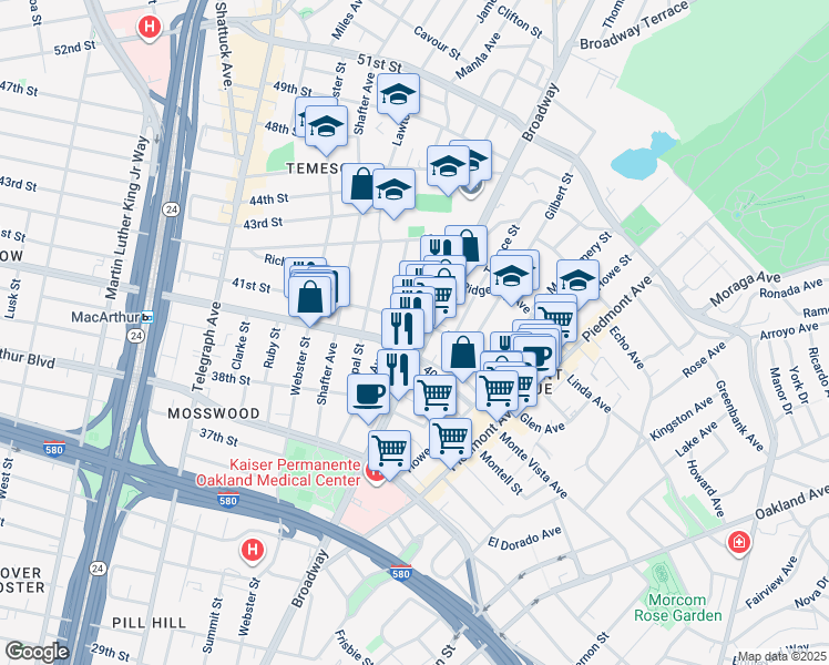 map of restaurants, bars, coffee shops, grocery stores, and more near 4045 Broadway in Oakland