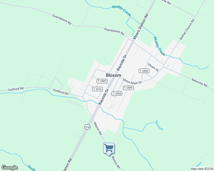 map of restaurants, bars, coffee shops, grocery stores, and more near 15346 Bayside Drive in Bloxom