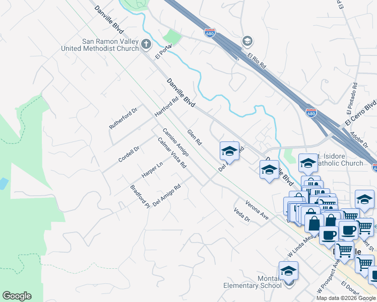 map of restaurants, bars, coffee shops, grocery stores, and more near 669 Glen Road in Danville