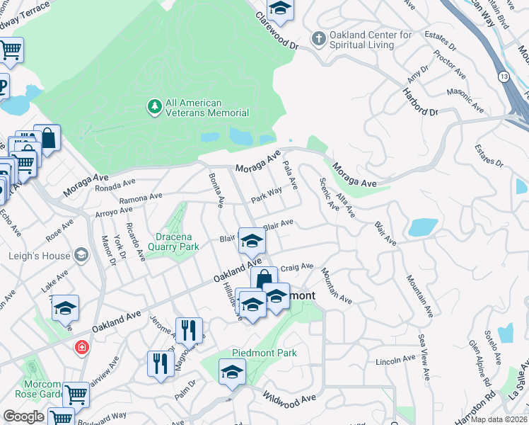 map of restaurants, bars, coffee shops, grocery stores, and more near 120 Highland Avenue in Piedmont