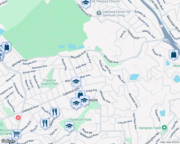map of restaurants, bars, coffee shops, grocery stores, and more near 123 Monte Avenue in Piedmont