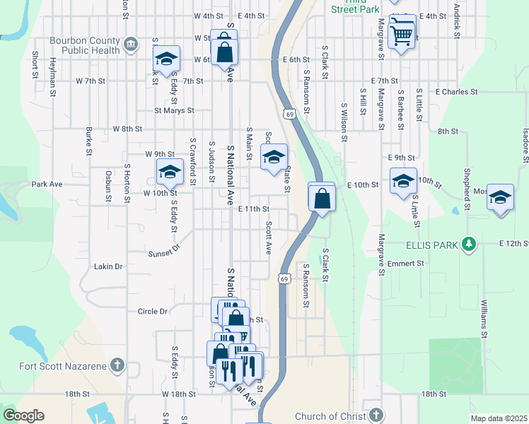 map of restaurants, bars, coffee shops, grocery stores, and more near 108 East 11th Street in Fort Scott
