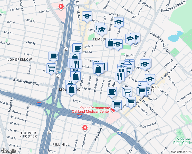 map of restaurants, bars, coffee shops, grocery stores, and more near 3939 Webster Street in Oakland