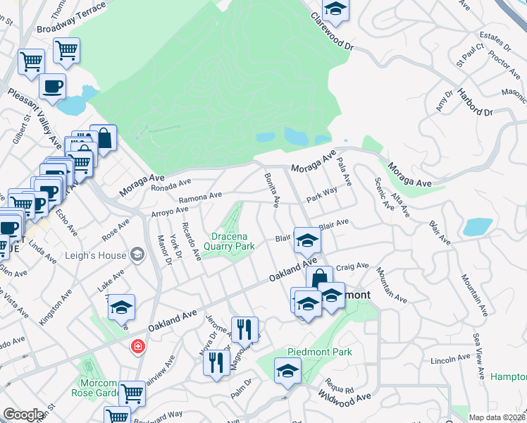 map of restaurants, bars, coffee shops, grocery stores, and more near 108 Hillside Avenue in Piedmont