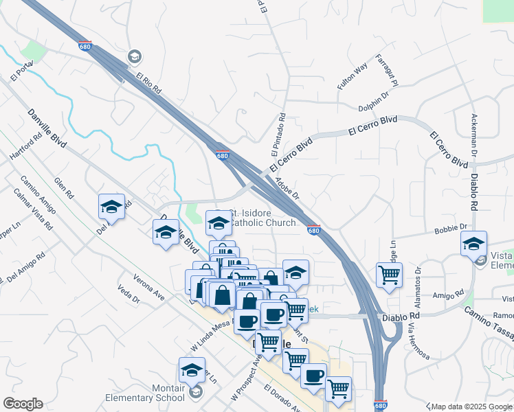 map of restaurants, bars, coffee shops, grocery stores, and more near 375 West El Pintado in Danville