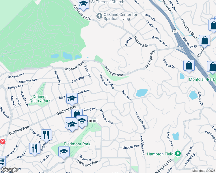 map of restaurants, bars, coffee shops, grocery stores, and more near 332 Scenic Avenue in Piedmont