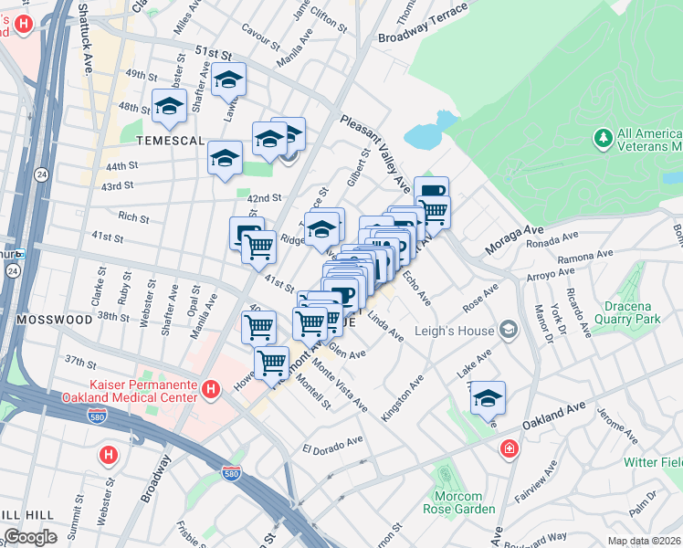 map of restaurants, bars, coffee shops, grocery stores, and more near 180 Ridgeway Avenue in Oakland