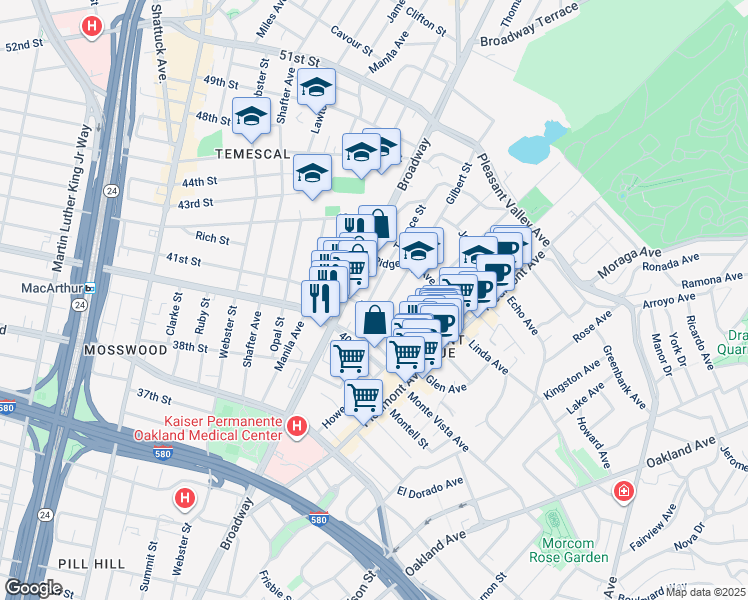map of restaurants, bars, coffee shops, grocery stores, and more near 4113 Gilbert Street in Oakland