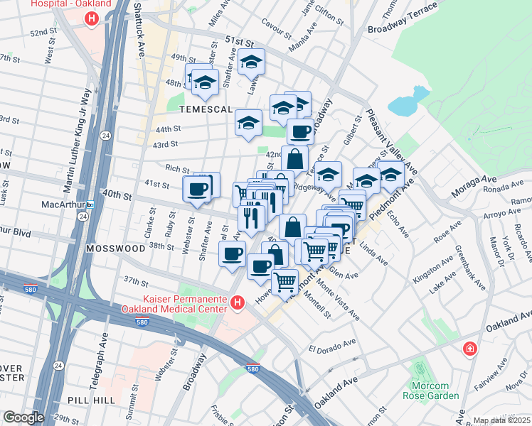 map of restaurants, bars, coffee shops, grocery stores, and more near 302 41st Street in Oakland