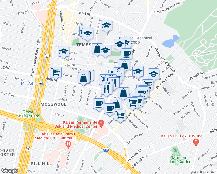 map of restaurants, bars, coffee shops, grocery stores, and more near 4040 Manila Avenue in Oakland