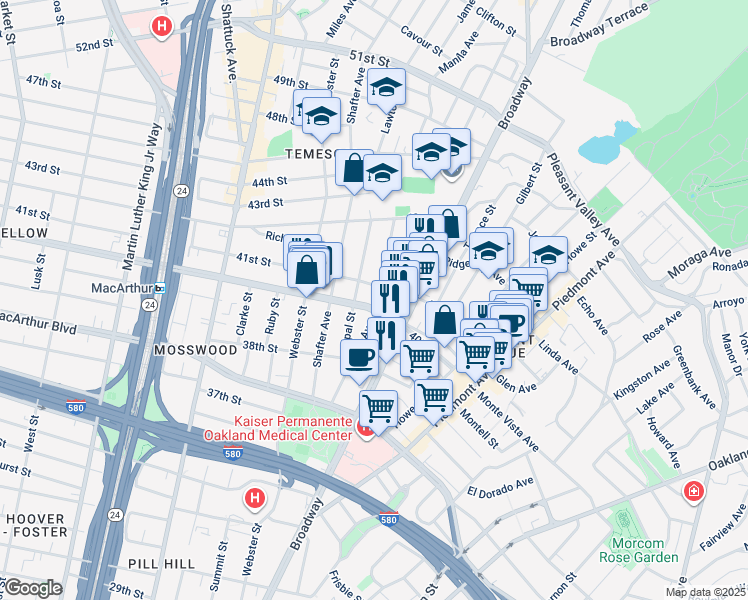 map of restaurants, bars, coffee shops, grocery stores, and more near 4040 Manila Avenue in Oakland