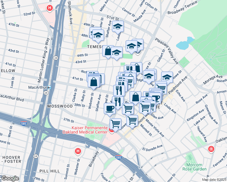 map of restaurants, bars, coffee shops, grocery stores, and more near 4040 Manila Avenue in Oakland