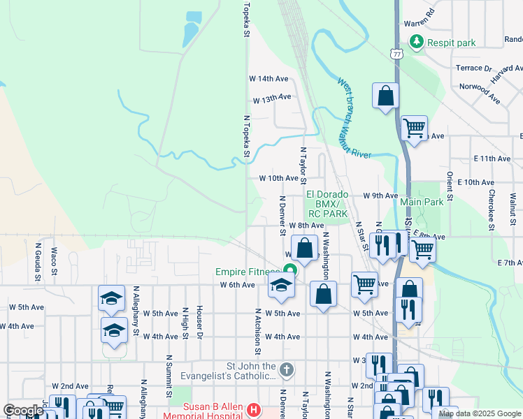 map of restaurants, bars, coffee shops, grocery stores, and more near 924 North Topeka Street in El Dorado