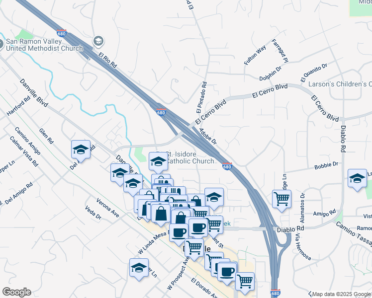 map of restaurants, bars, coffee shops, grocery stores, and more near 375 West El Pintado in Danville