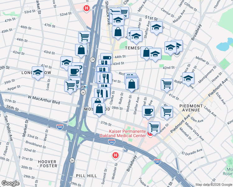 map of restaurants, bars, coffee shops, grocery stores, and more near 3920 Clarke Street in Oakland