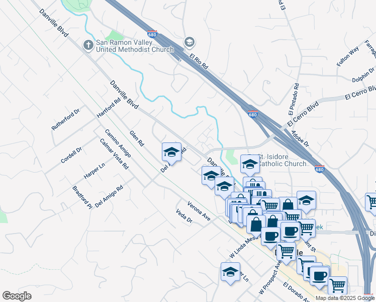 map of restaurants, bars, coffee shops, grocery stores, and more near 105 Rubicon Circle in Danville