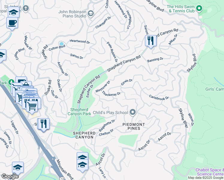 map of restaurants, bars, coffee shops, grocery stores, and more near 6260 Girvin Drive in Oakland