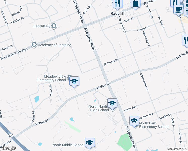 map of restaurants, bars, coffee shops, grocery stores, and more near 1101 Robin Rd in Radcliff