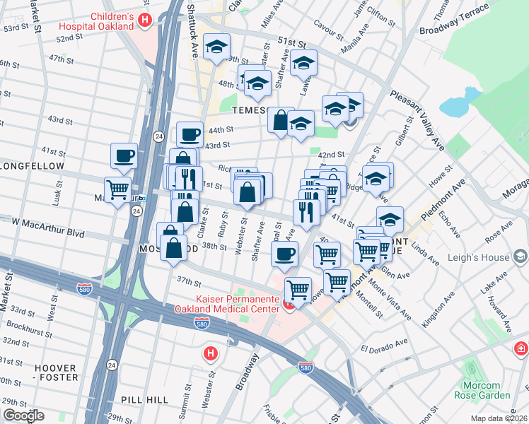 map of restaurants, bars, coffee shops, grocery stores, and more near 40th St & Shafter Ave in Oakland