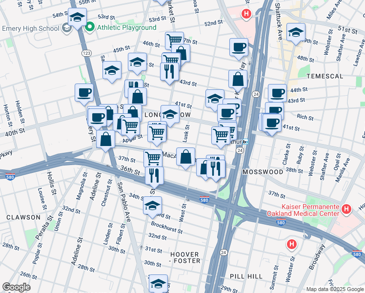 map of restaurants, bars, coffee shops, grocery stores, and more near 835 Apgar Street in Oakland