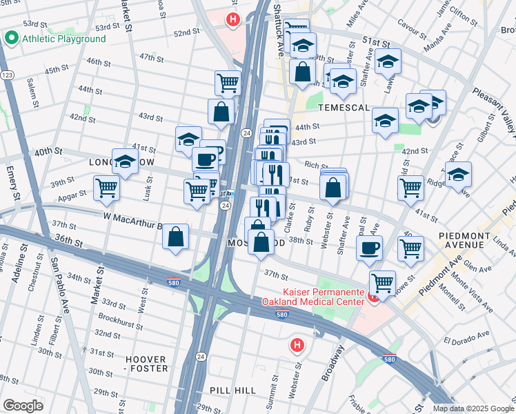 map of restaurants, bars, coffee shops, grocery stores, and more near 3932 Telegraph Avenue in Oakland