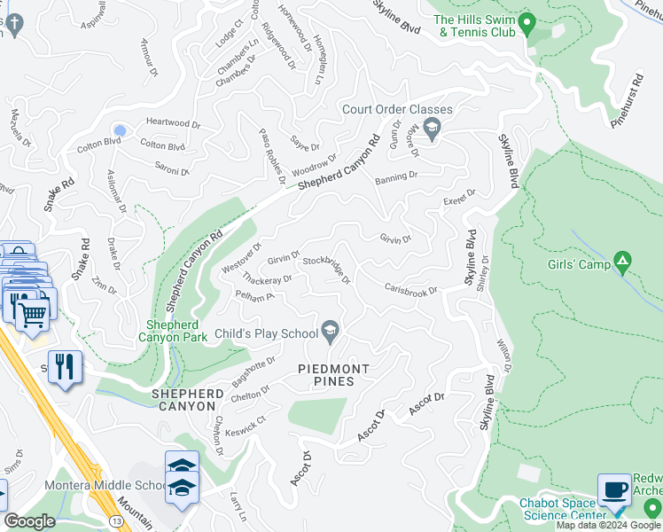 map of restaurants, bars, coffee shops, grocery stores, and more near 2501 Stockbridge Drive in Oakland