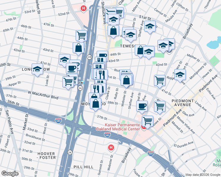 map of restaurants, bars, coffee shops, grocery stores, and more near 3920 Clarke Street in Oakland