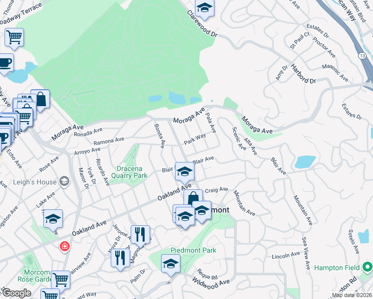 map of restaurants, bars, coffee shops, grocery stores, and more near 120 Highland Avenue in Piedmont