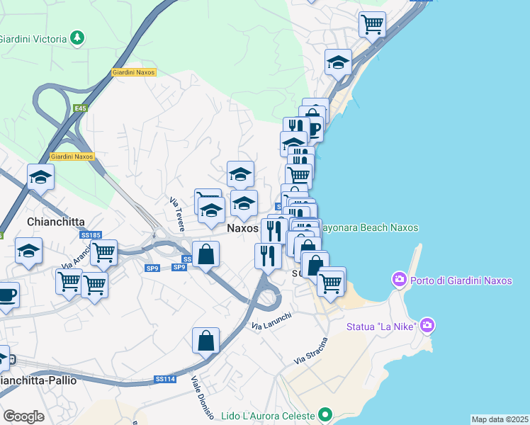 map of restaurants, bars, coffee shops, grocery stores, and more near 14 Via Consolare Valeria in Giardini Naxos