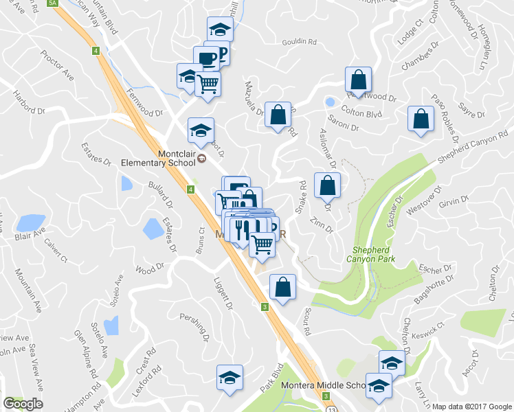 map of restaurants, bars, coffee shops, grocery stores, and more near Elderberry Drive in Oakland