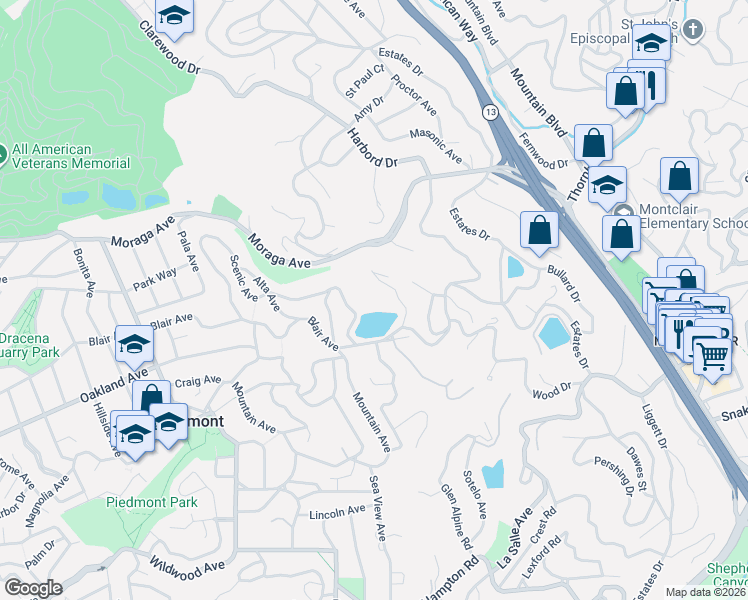 map of restaurants, bars, coffee shops, grocery stores, and more near in Piedmont